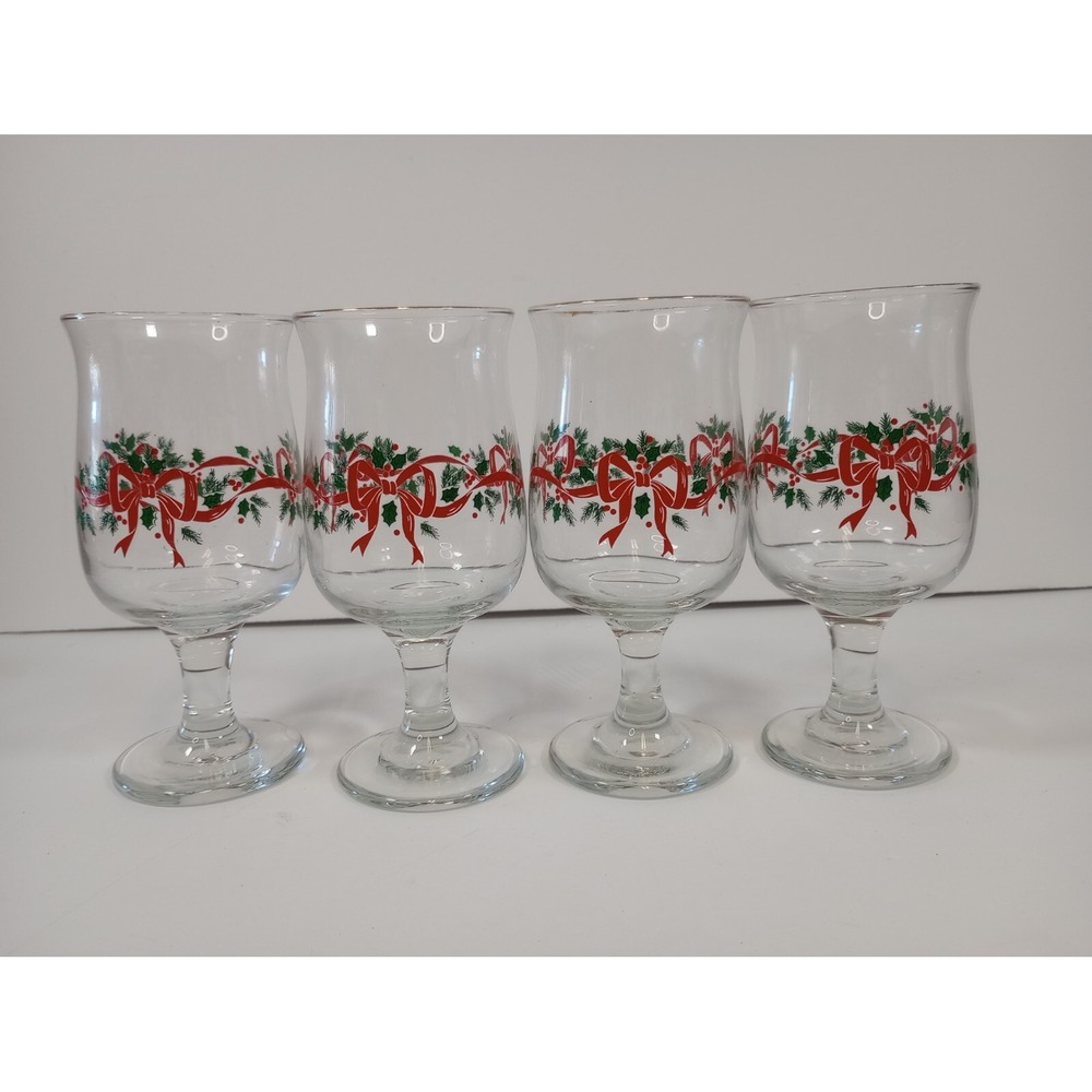 Libbey Christmas Holiday Footed Goblets Holly Ribbon with Gold Rim Vintage LRS40